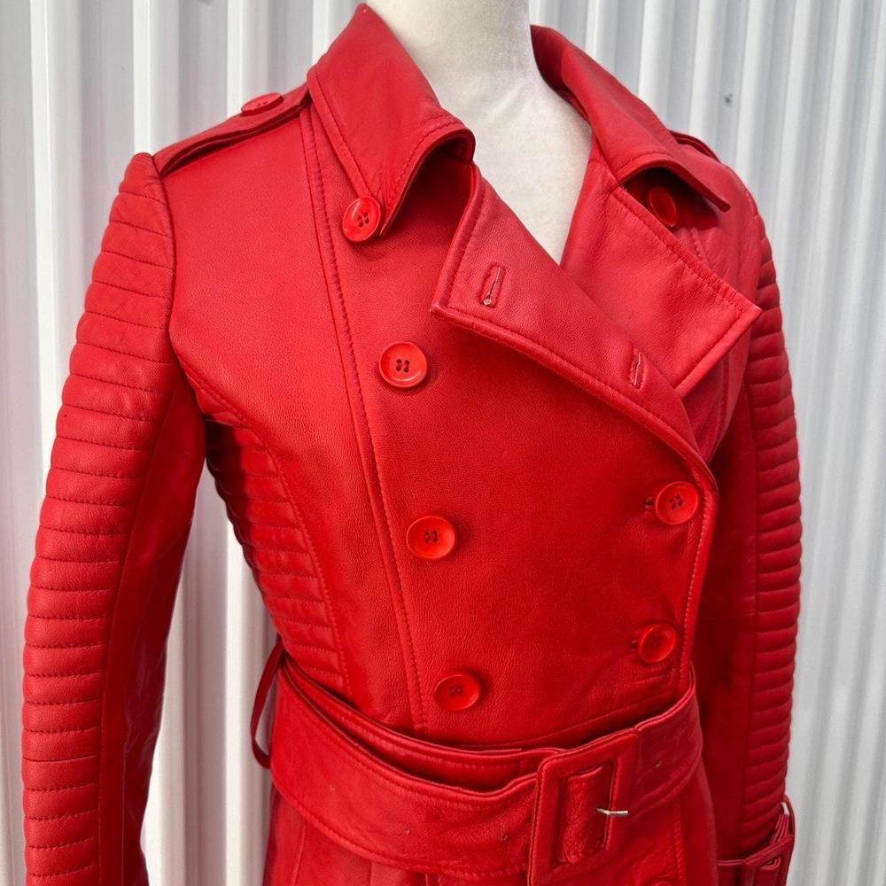GORGEOUS Genuine Red Leather Trench w/ Belted Waist
